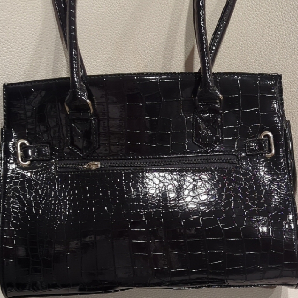 Ladies Black Crocodile Pattern Handbag Vegan Leather - Picture 3 of 3